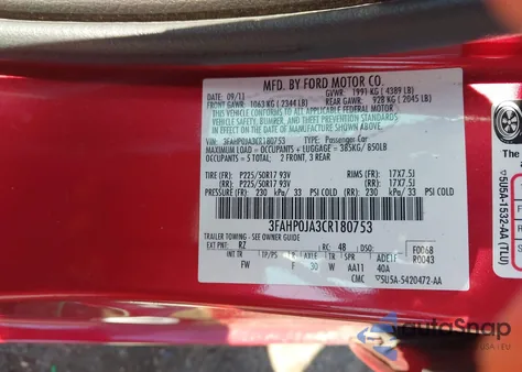 2012 Ford Fusion Sel из США, поврежденный, VIN 3FAHP0JA3CR180753